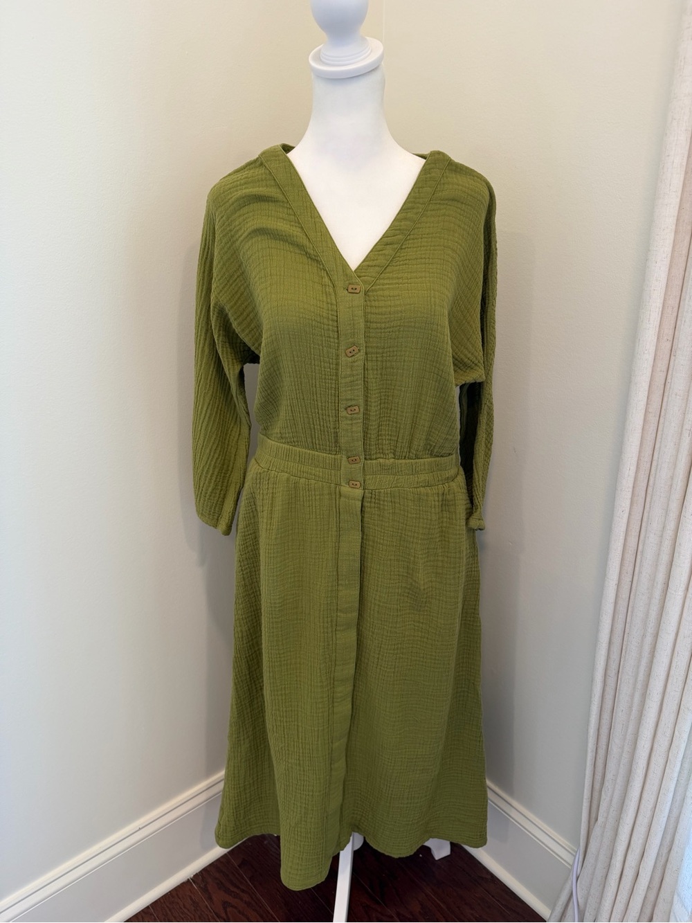 Soft Surroundings Gauzy Dress Womens XS Midi 3/4 Sleeve Green Cotton Pockets